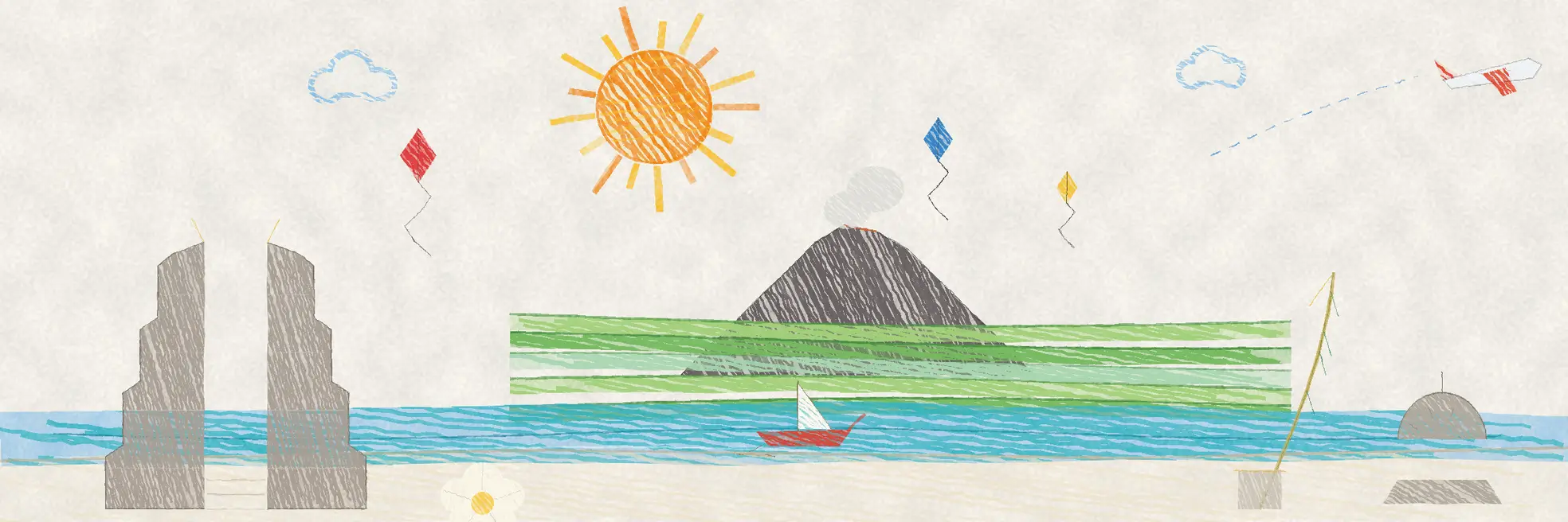 Illustrated Indonesia scene with a split stone temple gate, green rice terraces below a smoking volcano, a small sailboat and kites in the sky